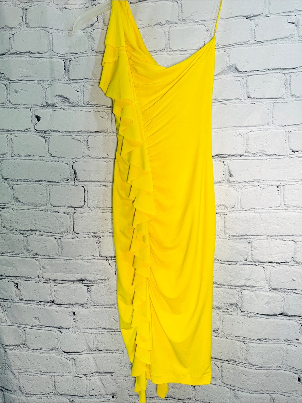 Cache Yellow Y2K One-Shoulder Ruffle Bodycon Dress 4